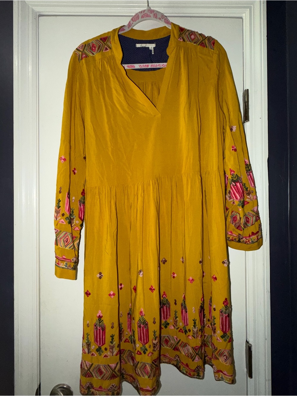 Floreat Mustard Embroidered Long Sleeve Boho Dress